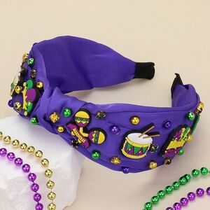 Purple Headband Fleur De Lis Charm Drums Jester Hat Beaded Green Gold Mardi Gras